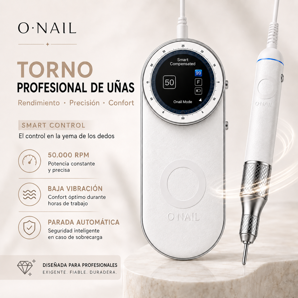 ONAIL - Torno profesional para uñas con Smart Control, 50.000 RPM, baja vibración y parada automática